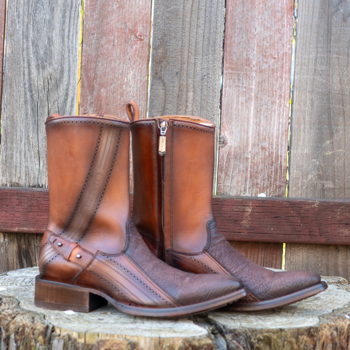 Cuadra Men's Cognac Shark Laser Hand Painted Zipper Boots