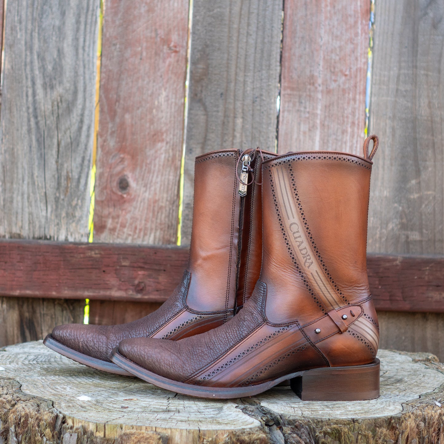 Cuadra Men's Cognac Shark Laser Hand Painted Zipper Boots