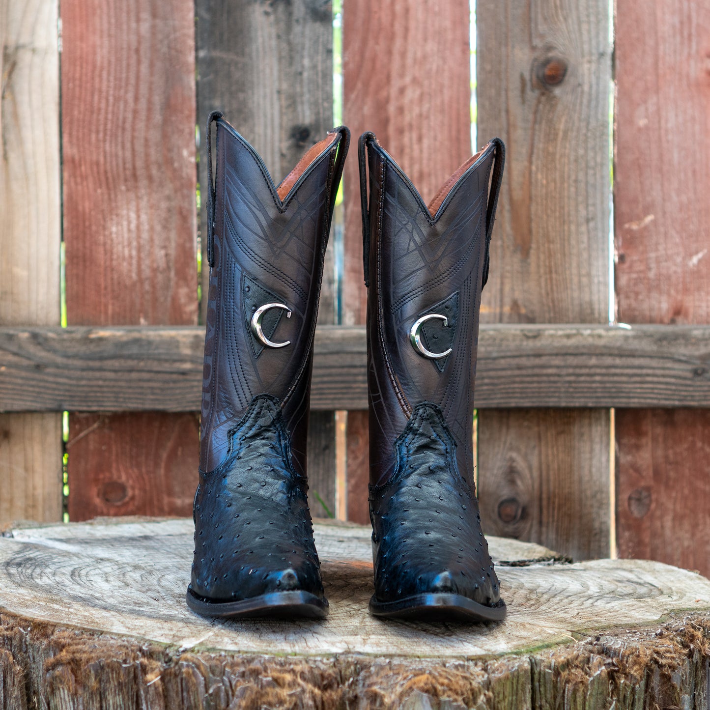 Cuadra Men's Ostrich Laser And Embroidery Snip Toe Cowboy Boots in Flame Black