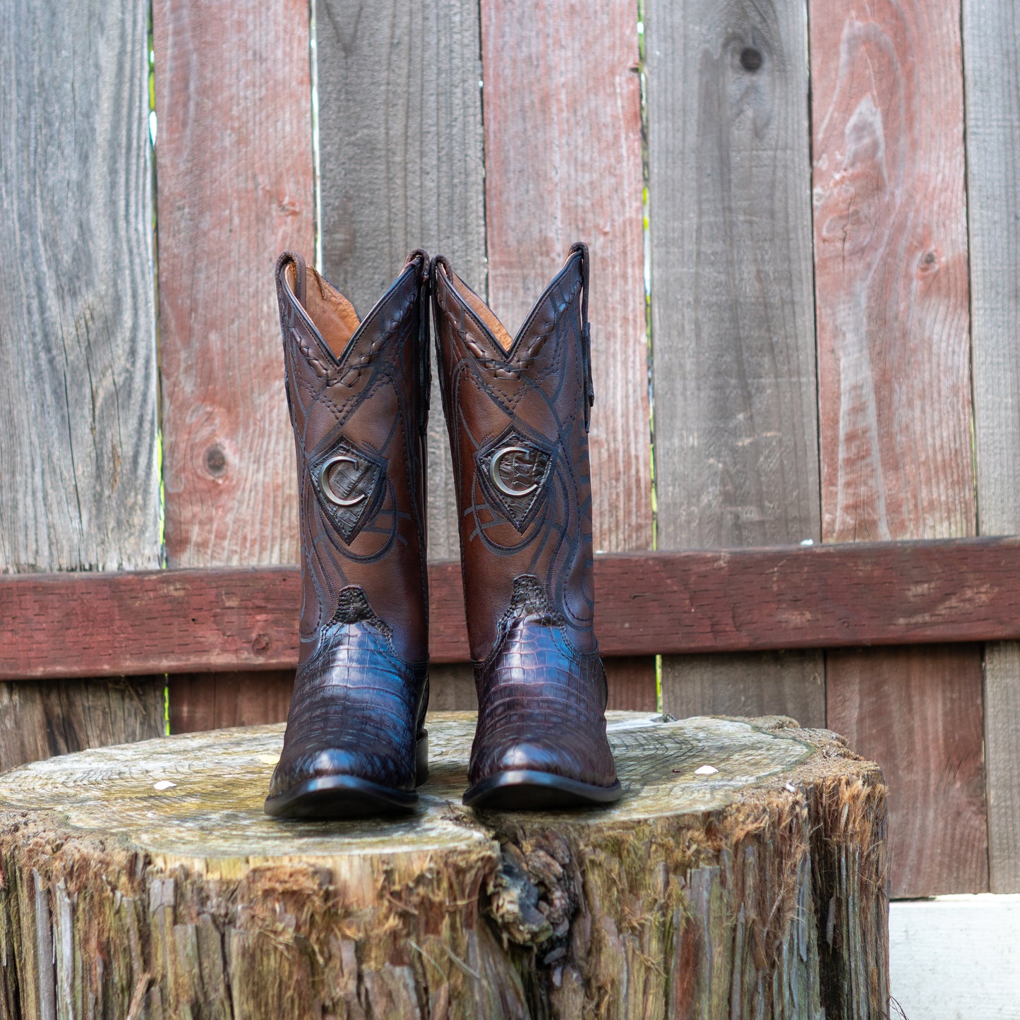Cuadra Men's Brown Caiman Laser Embroidery Round Toe Cowboy Boots