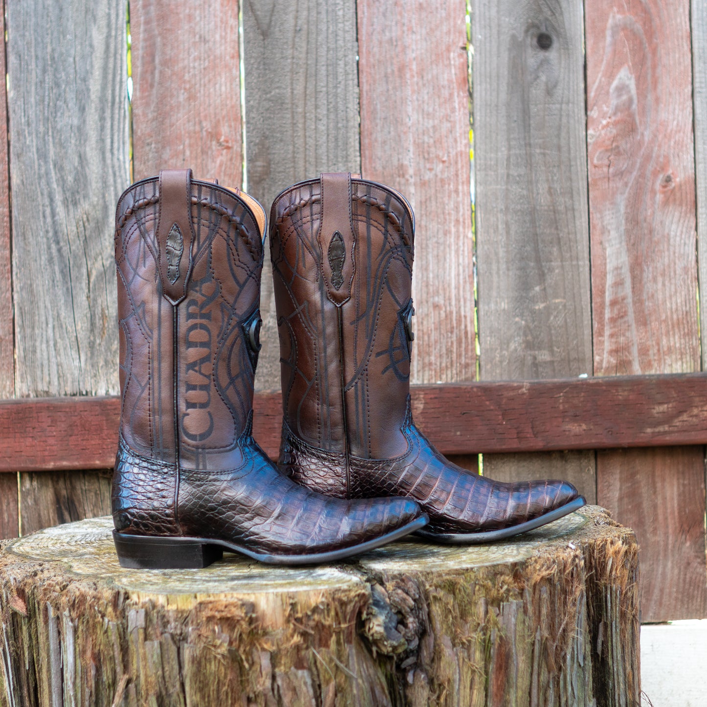 Cuadra Men's Brown Caiman Laser Embroidery Round Toe Cowboy Boots
