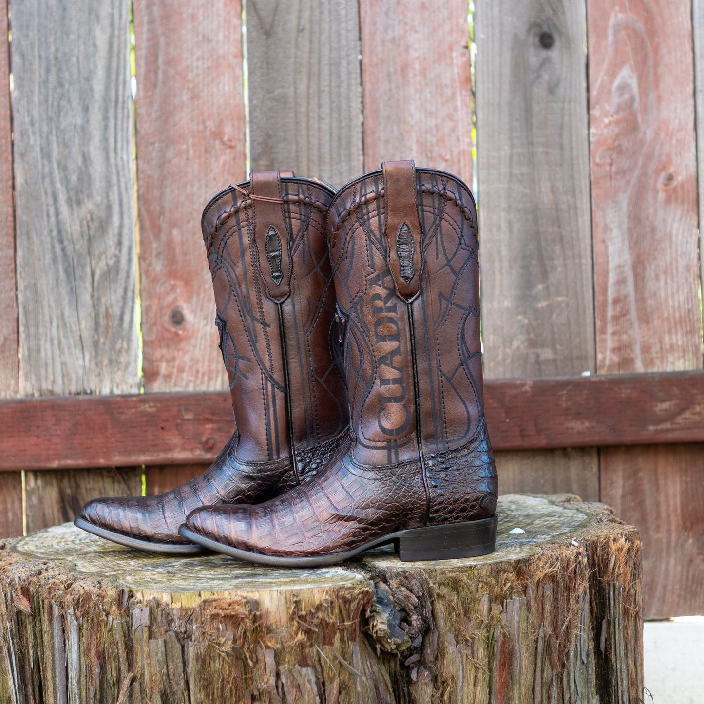 Cuadra Men's Brown Caiman Laser Embroidery Round Toe Cowboy Boots