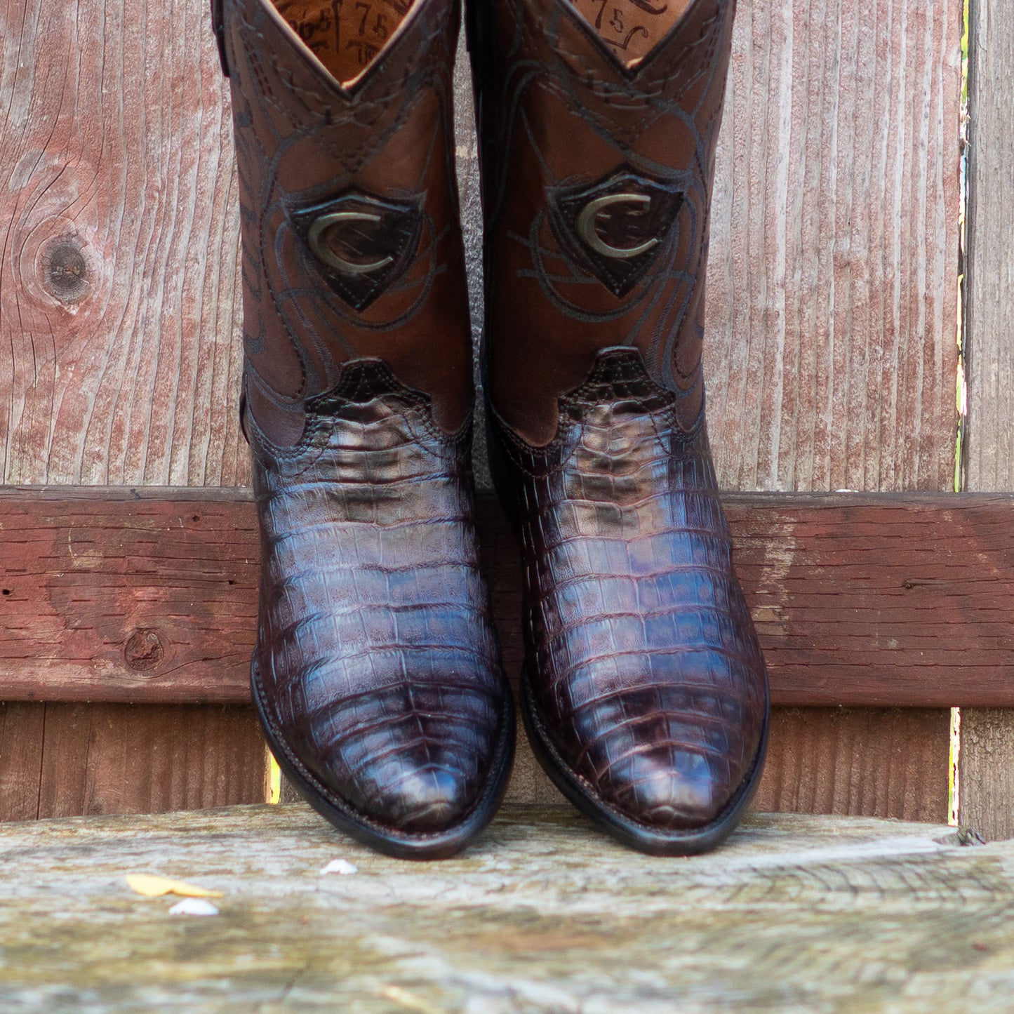 Cuadra Men's Brown Caiman Laser Embroidery Round Toe Cowboy Boots