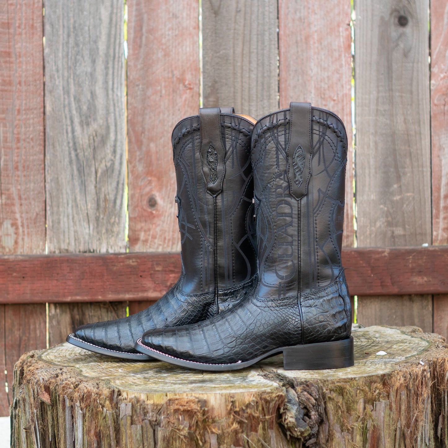 Cuadra Men's Black Caiman Laser Embroidery Square Toe Cowboy Boots