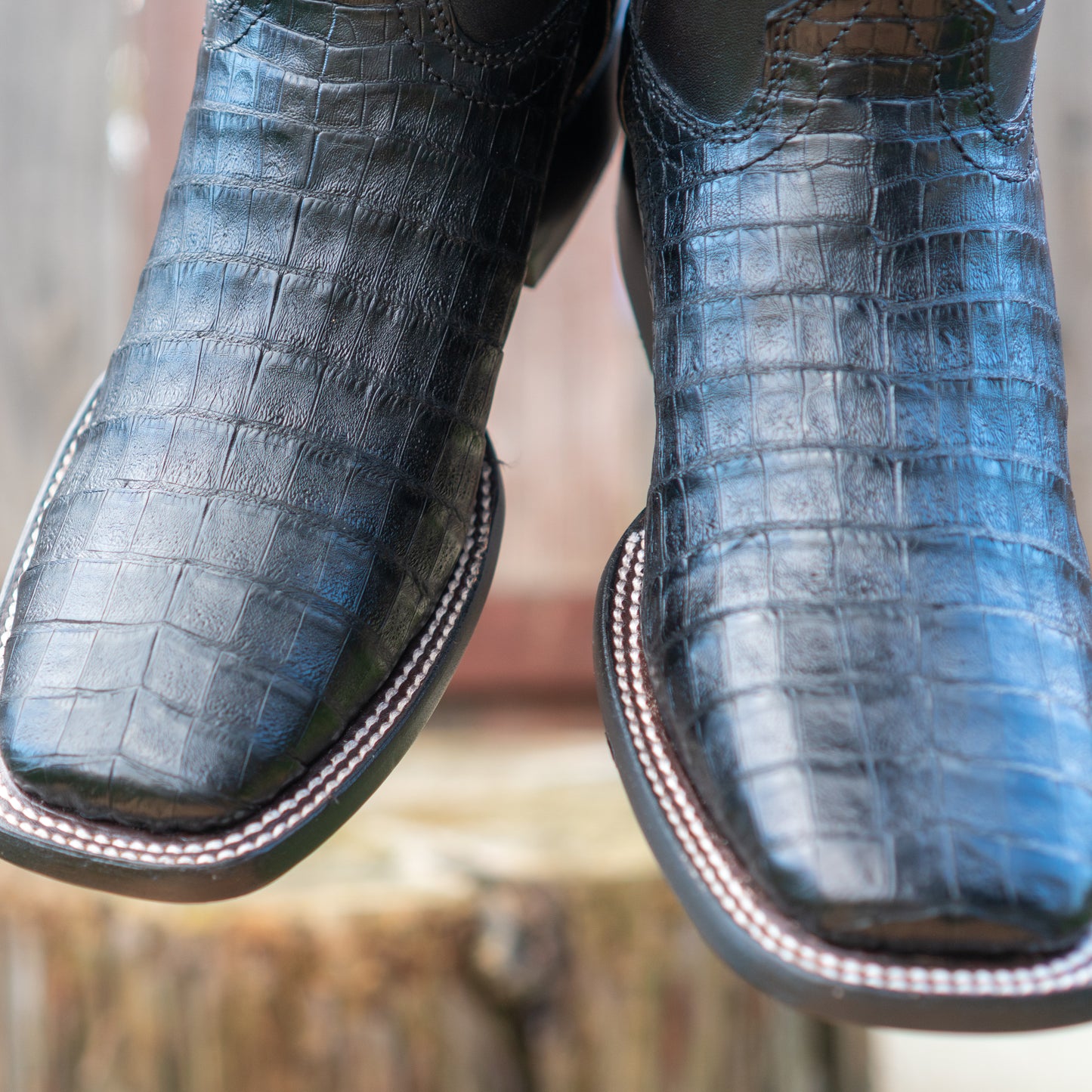 Cuadra Men's Black Caiman Laser Embroidery Square Toe Cowboy Boots