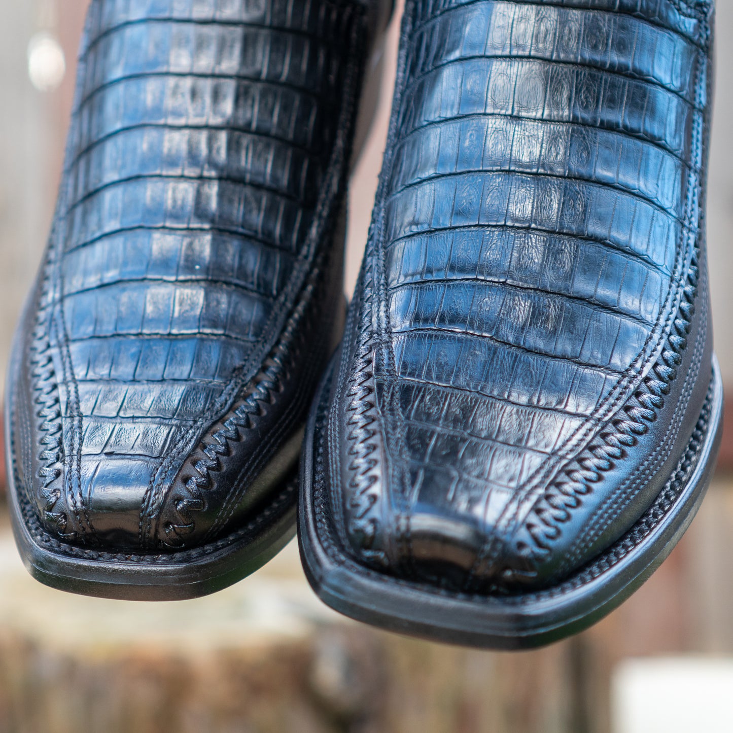 Cuadra Men's Plunge Black Caiman Laser Woven Narrow Square Toe Cowboy Boots