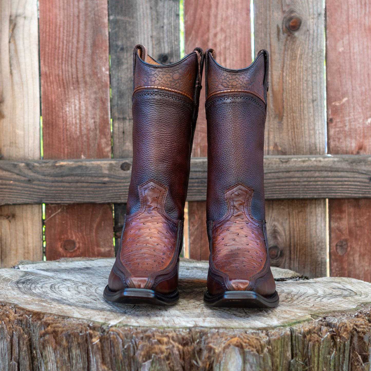 Cuadra Men's Ostrich Laser And Woven Narrow Square Toe Exotic Leather Cowboy Boots in Moroni Brown