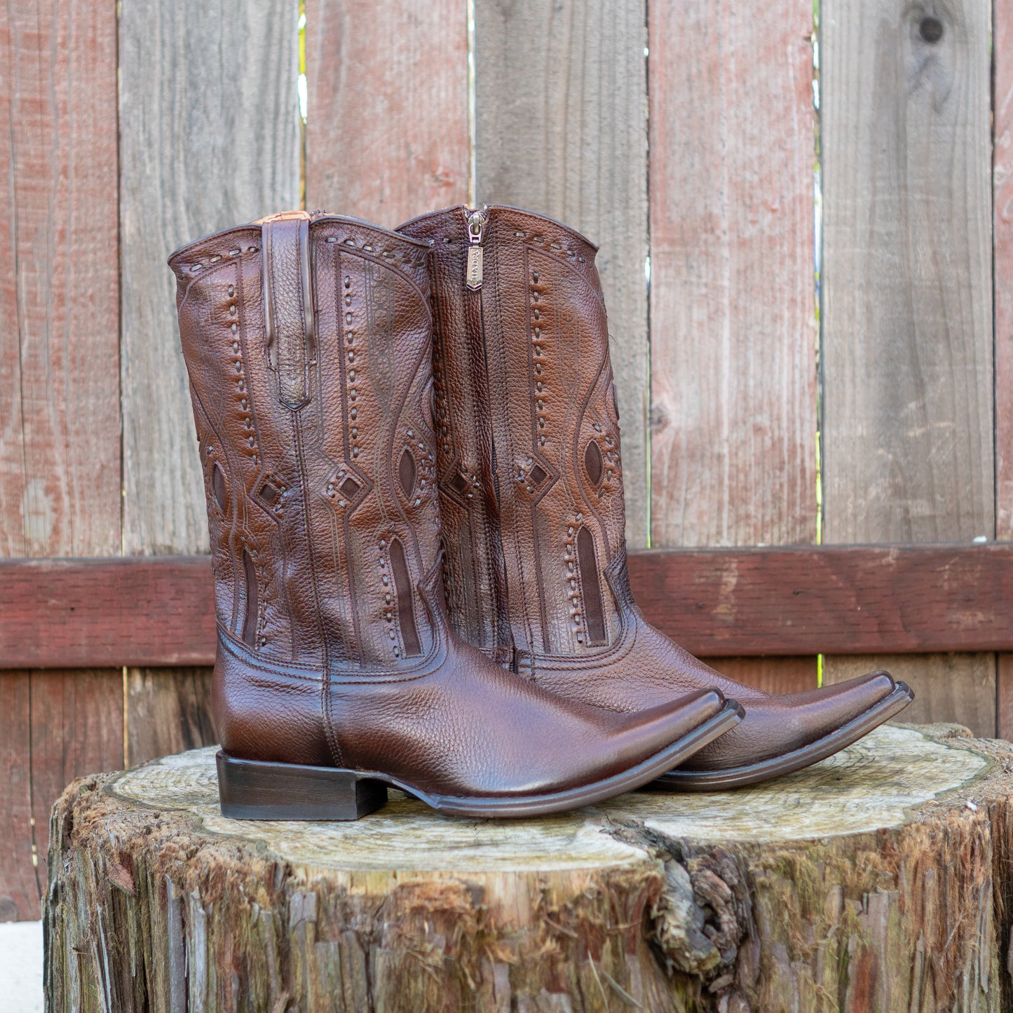 Cuadra Men's Brown Deer Laser And Woven Zipper Narrow Square Toe Cowboy Boots
