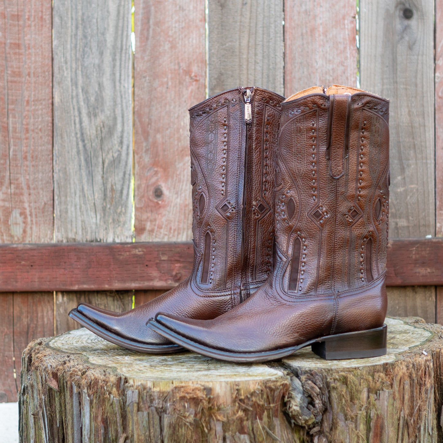 Cuadra Men's Brown Deer Laser And Woven Zipper Narrow Square Toe Cowboy Boots
