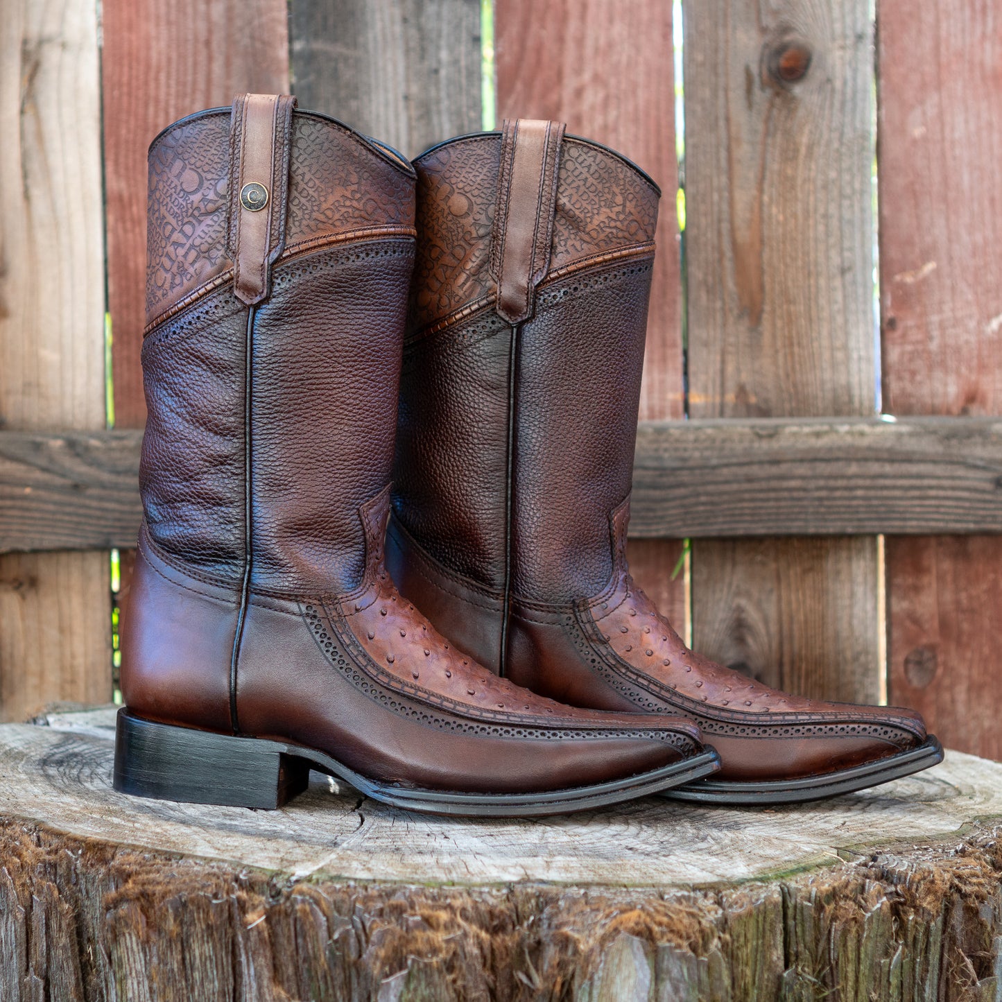 Cuadra Men's Ostrich Laser And Woven Narrow Square Toe Exotic Leather Cowboy Boots in Moroni Brown