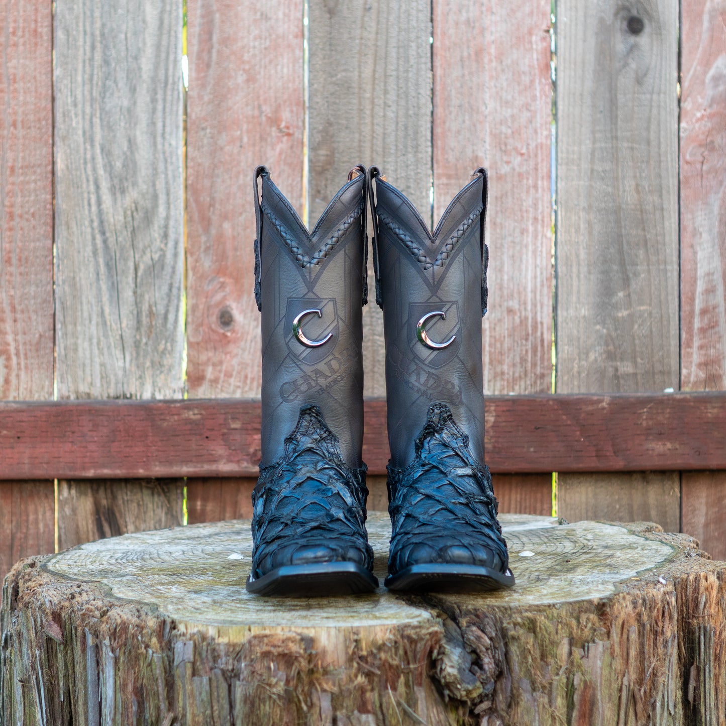 Cuadra Men's Black Glazed Fish Pirarucu Laser & Woven Square Toe Western Boot