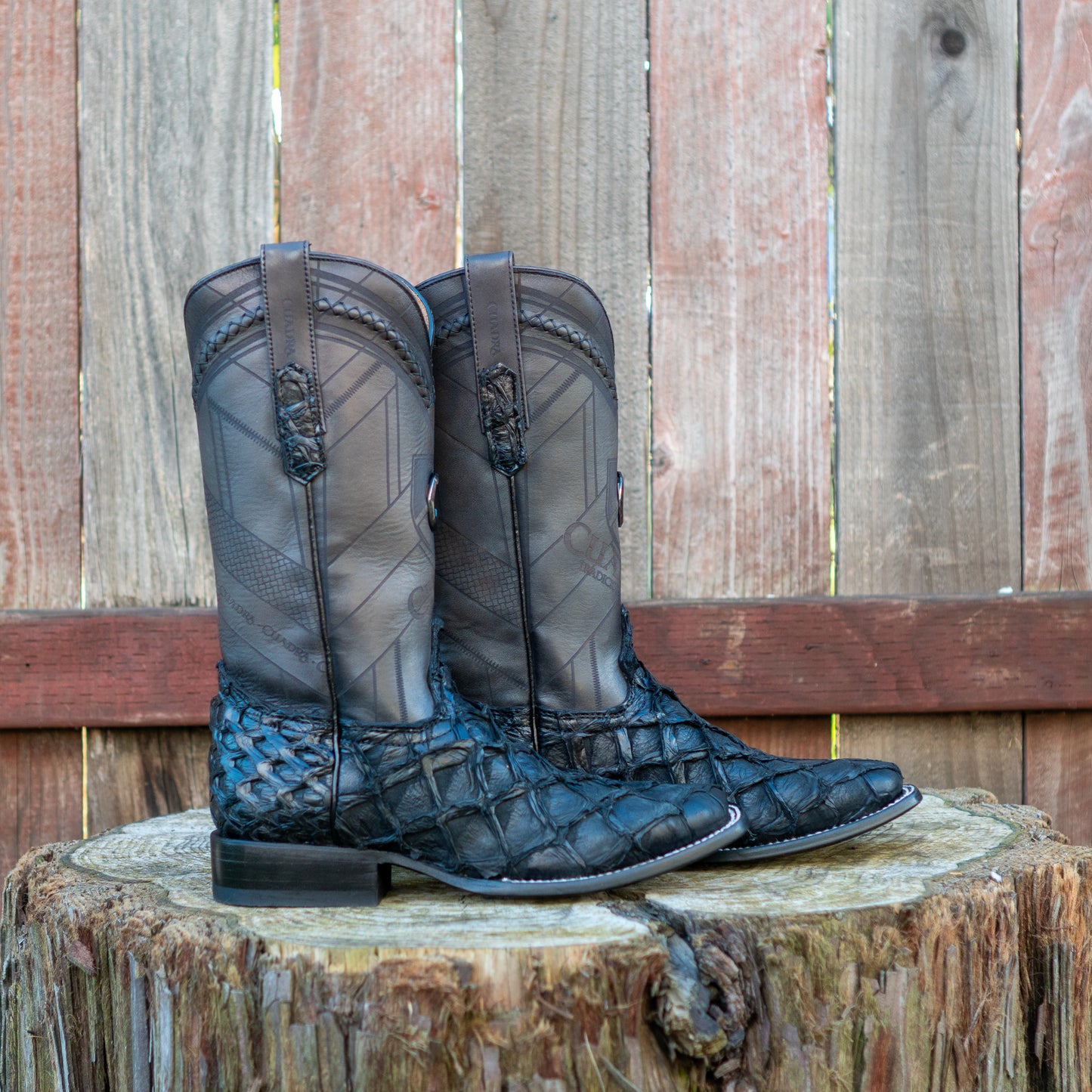 Cuadra Men's Black Glazed Fish Pirarucu Laser & Woven Square Toe Western Boot