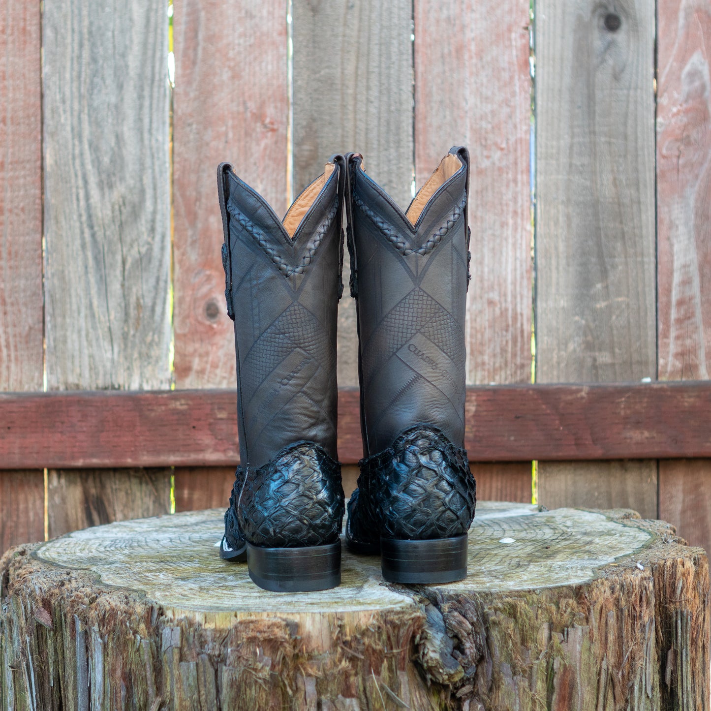 Cuadra Men's Black Glazed Fish Pirarucu Laser & Woven Square Toe Western Boot