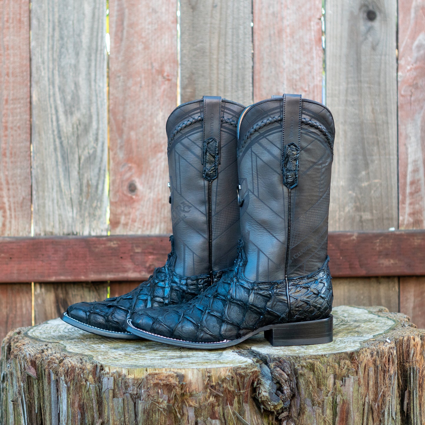 Cuadra Men's Black Glazed Fish Pirarucu Laser & Woven Square Toe Western Boot