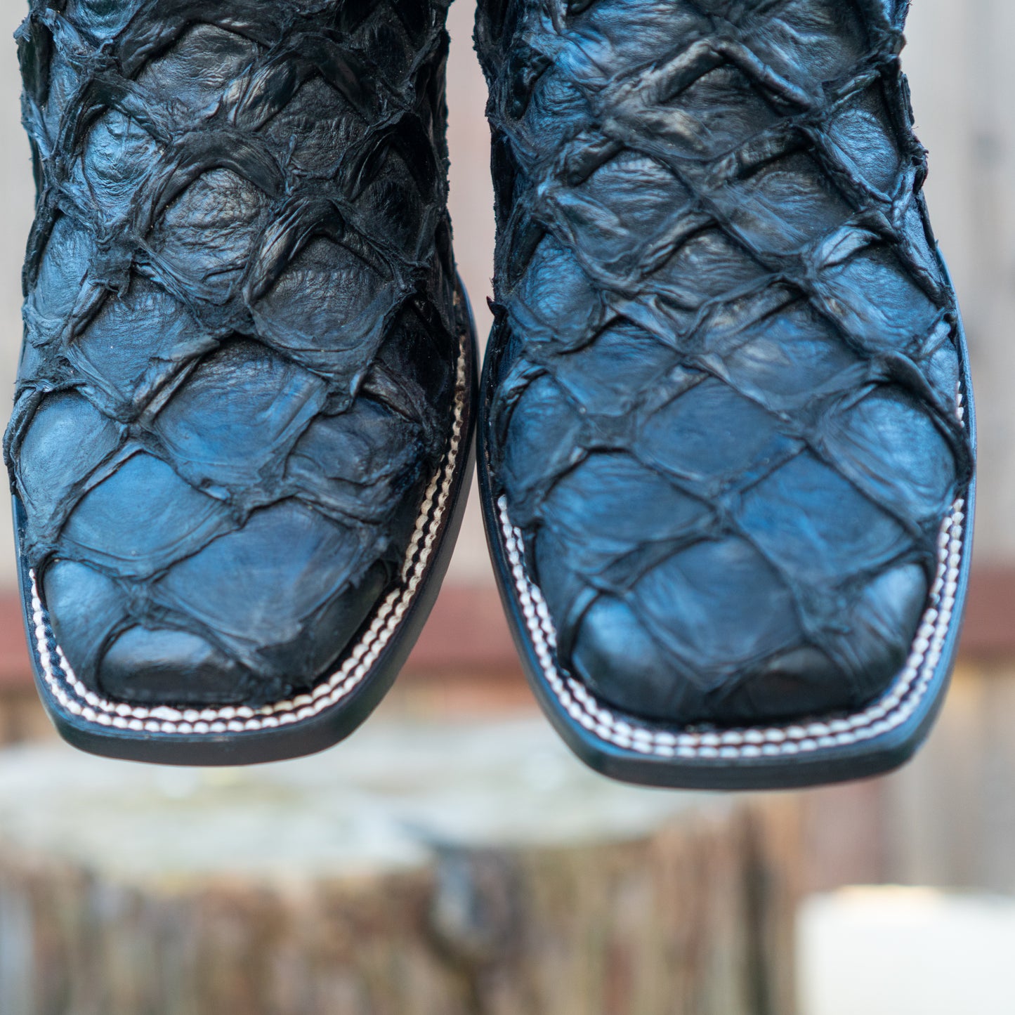 Cuadra Men's Black Glazed Fish Pirarucu Laser & Woven Square Toe Western Boot