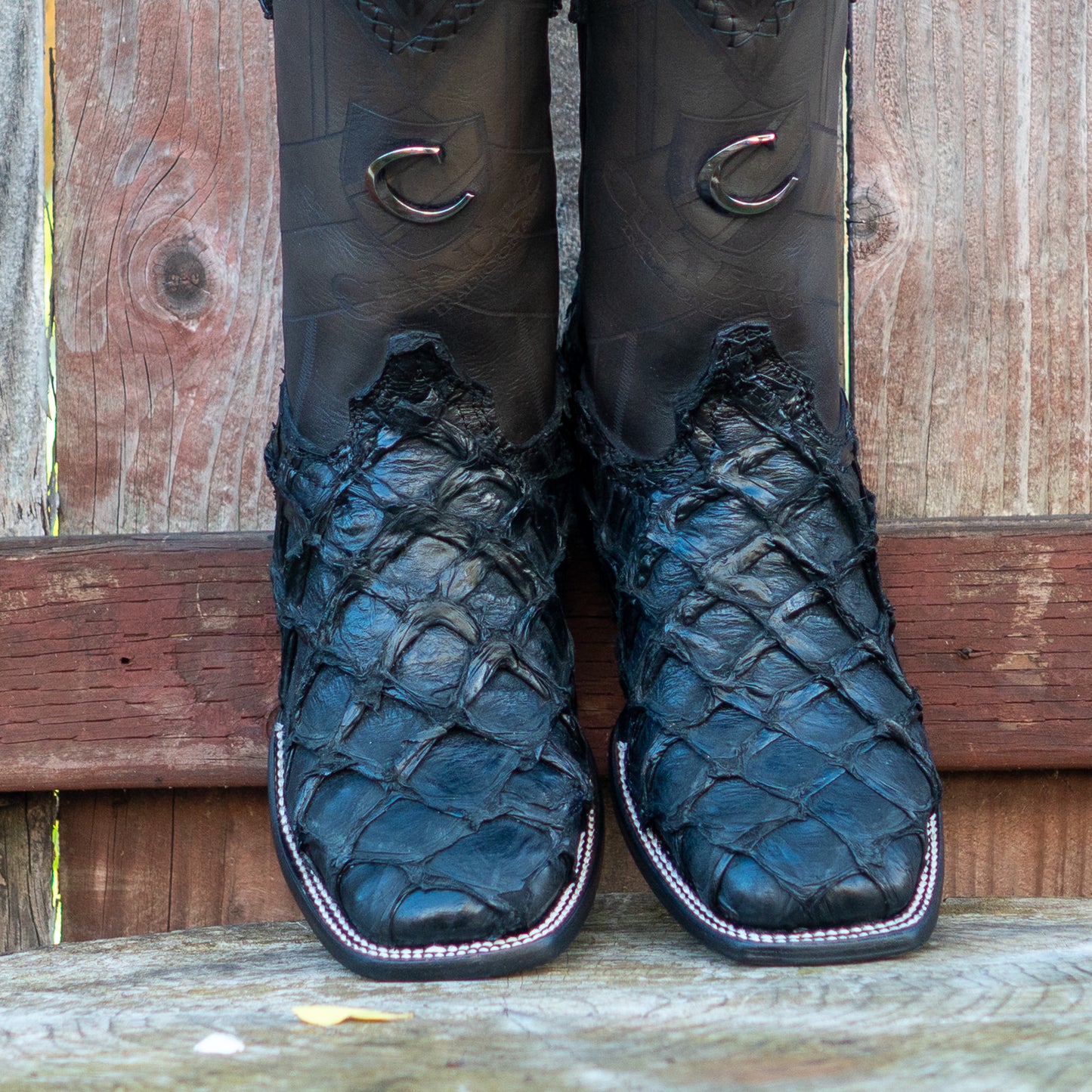 Cuadra Men's Black Glazed Fish Pirarucu Laser & Woven Square Toe Western Boot