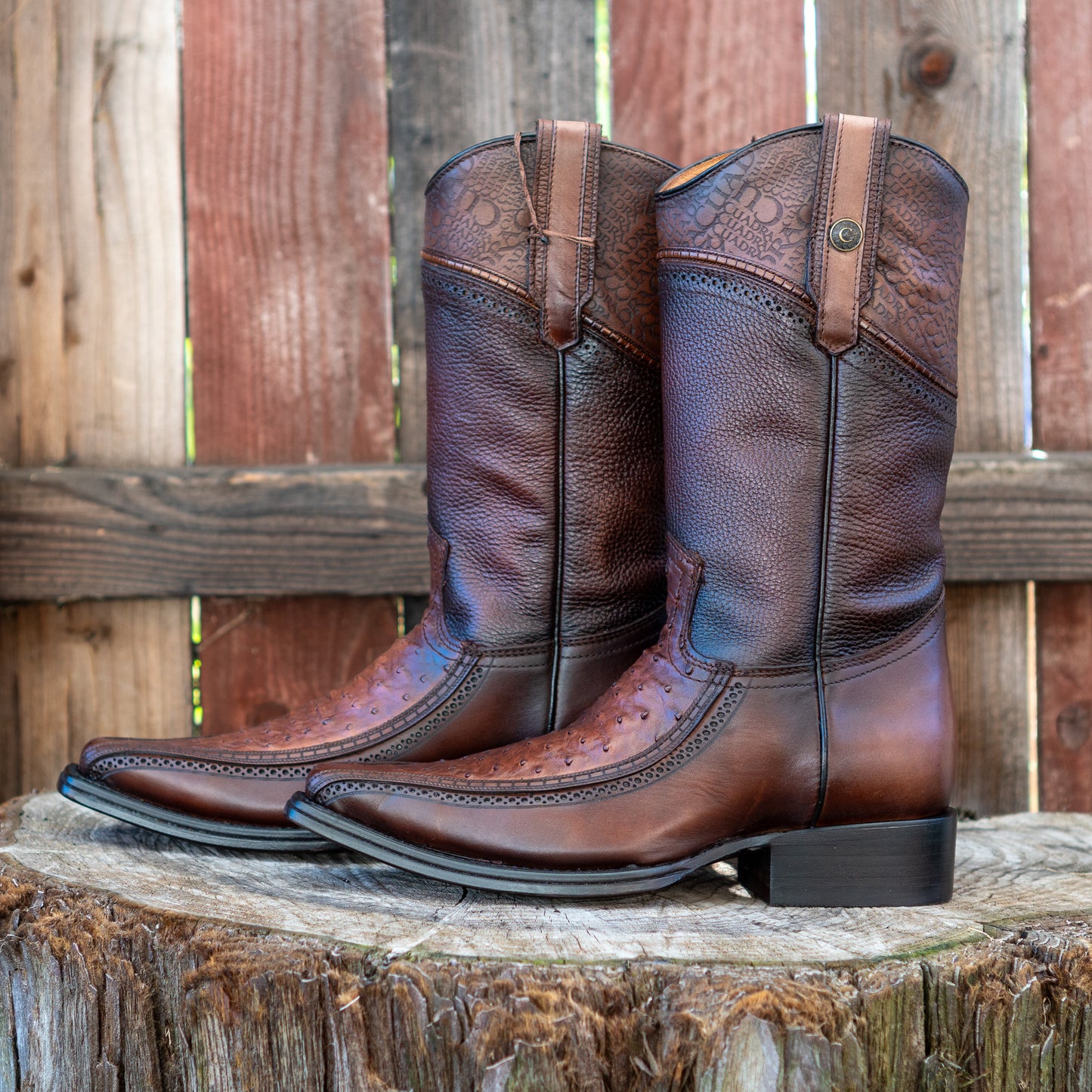 Cuadra Men's Ostrich Laser And Woven Narrow Square Toe Exotic Leather Cowboy Boots in Moroni Brown