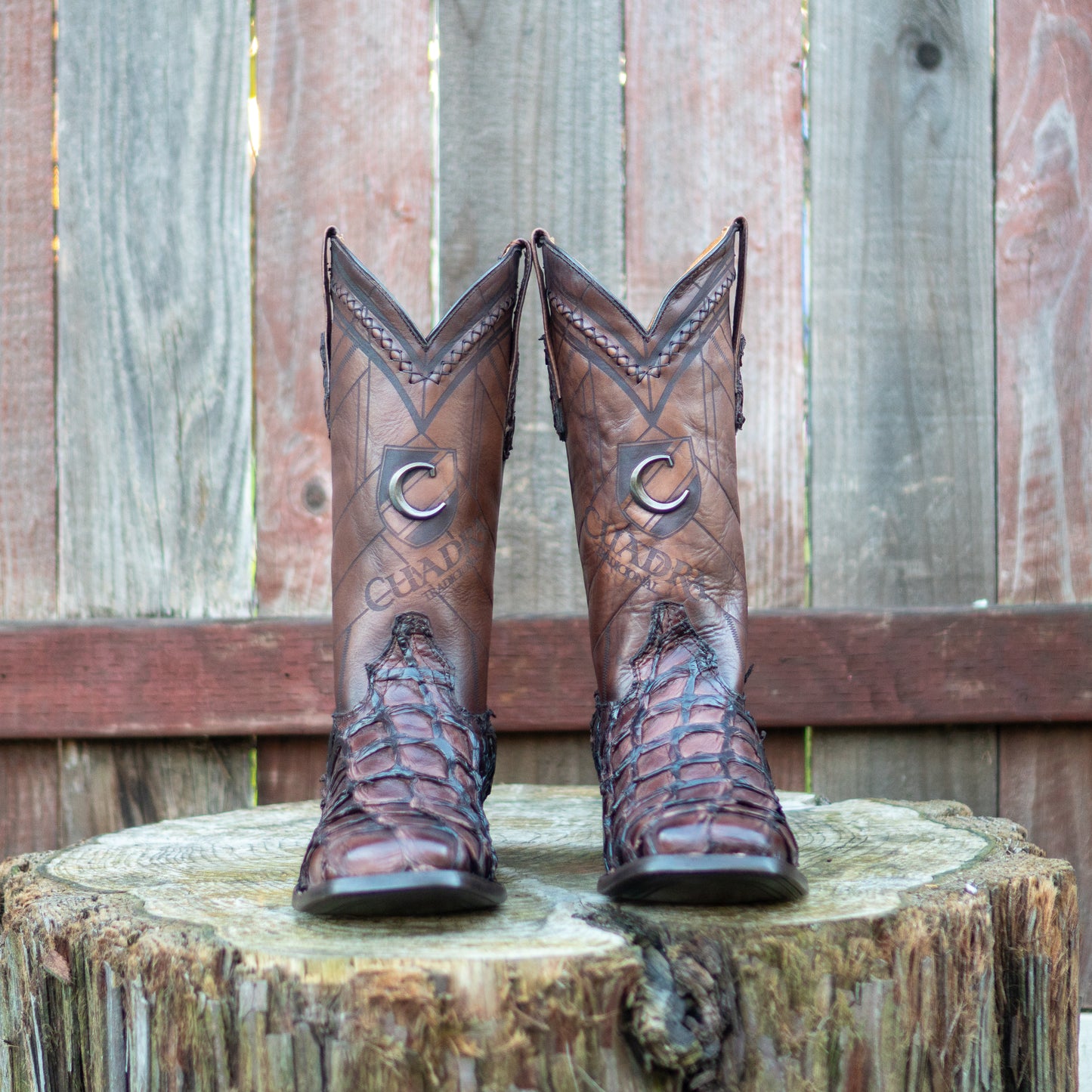 Cuadra Men's Chocolate Glazed Fish Pirarucu Laser & Woven Square Toe Western Boot