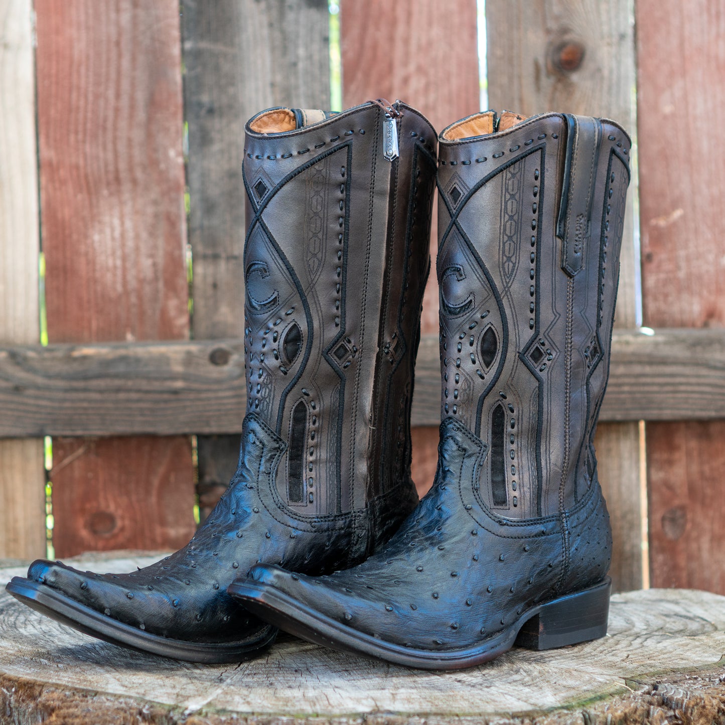 Cuadra Men's Ostrich Laser And Woven Zippered Narrow Square Toe Exotic Leather Cowboy Boots in Black