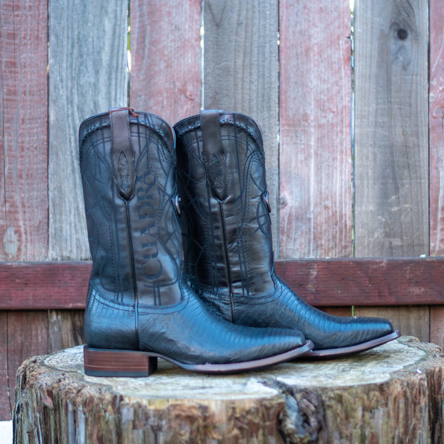 Cuadra Men's Black Lizard Teju Laser And Embroidery Square Toe Cowboy Boots