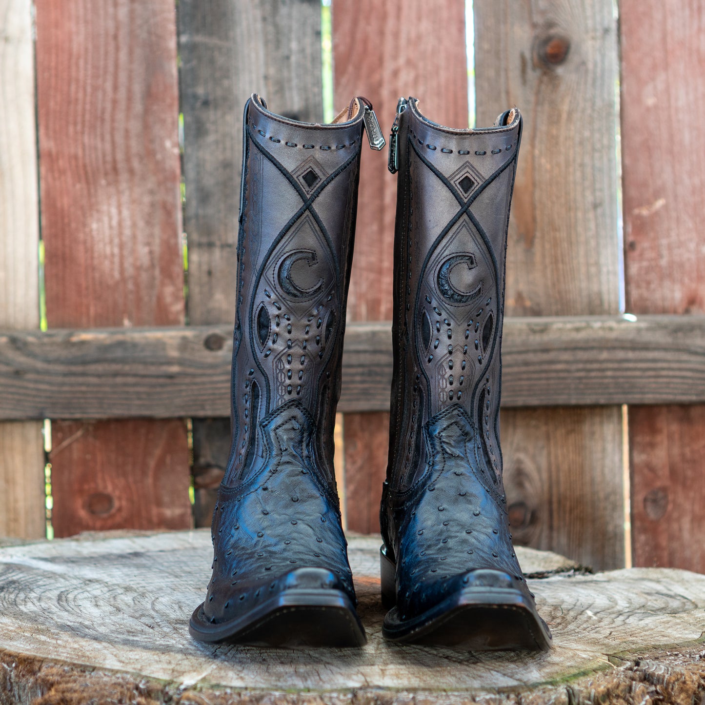 Cuadra Men's Ostrich Laser And Woven Zippered Narrow Square Toe Exotic Leather Cowboy Boots in Black