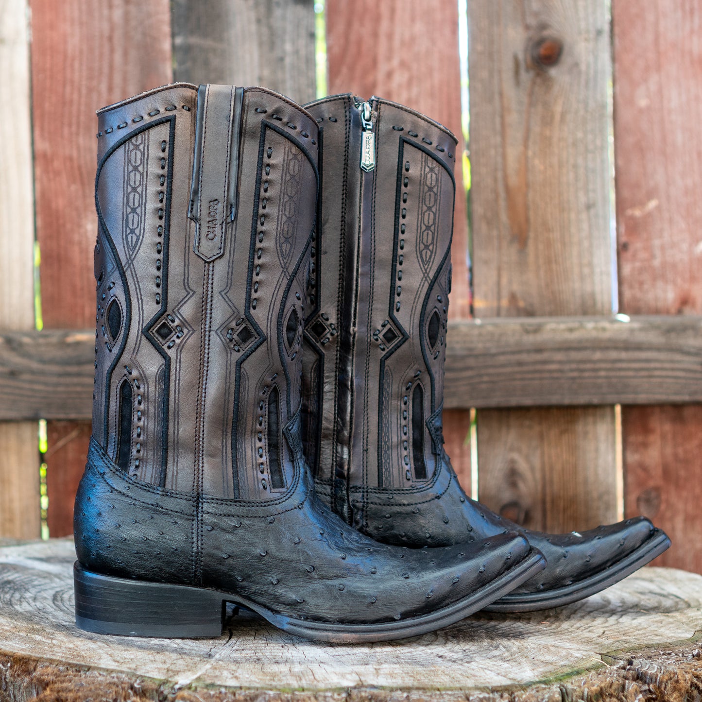 Cuadra Men's Ostrich Laser And Woven Zippered Narrow Square Toe Exotic Leather Cowboy Boots in Black