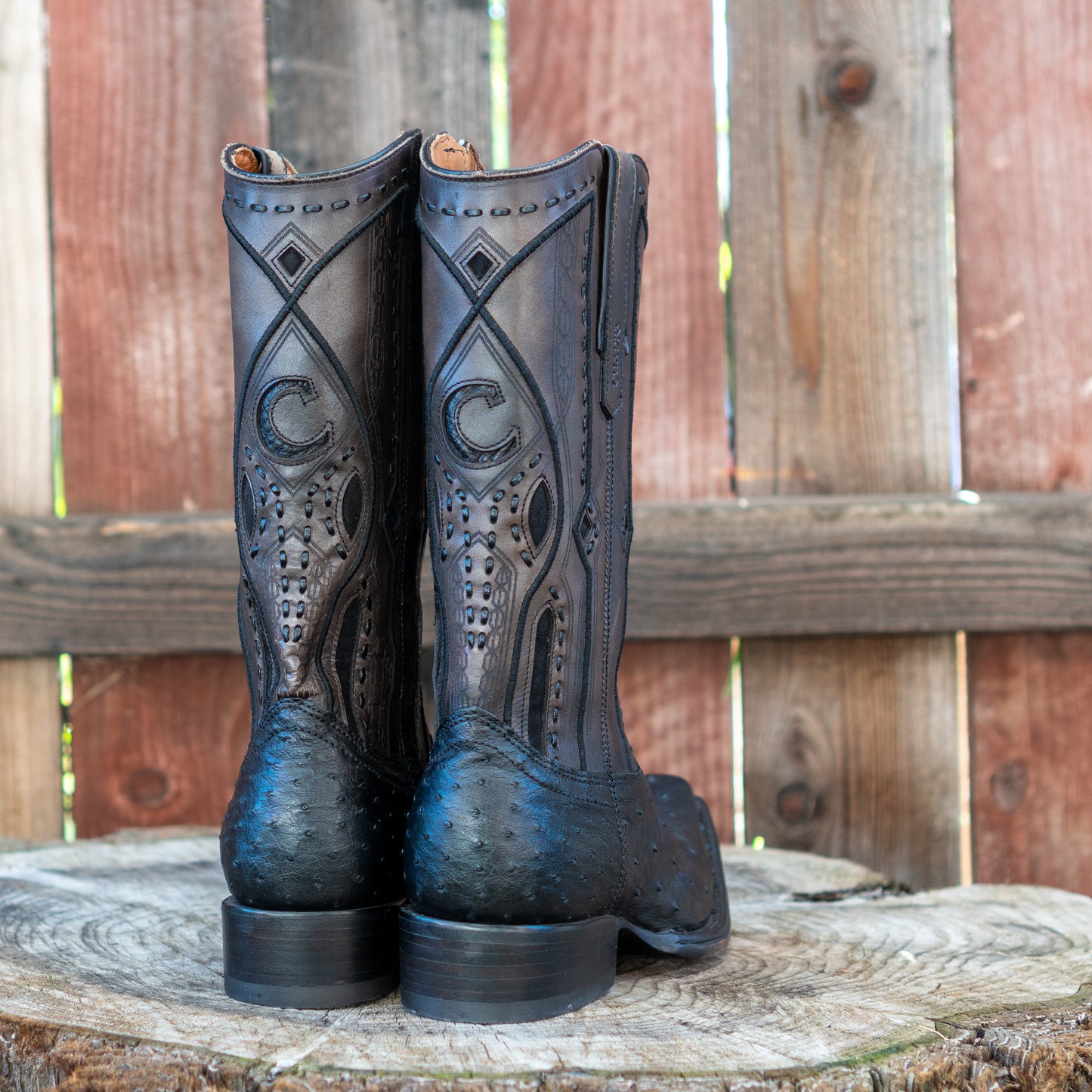 Cuadra Men's Ostrich Laser And Woven Zippered Narrow Square Toe Exotic Leather Cowboy Boots in Black