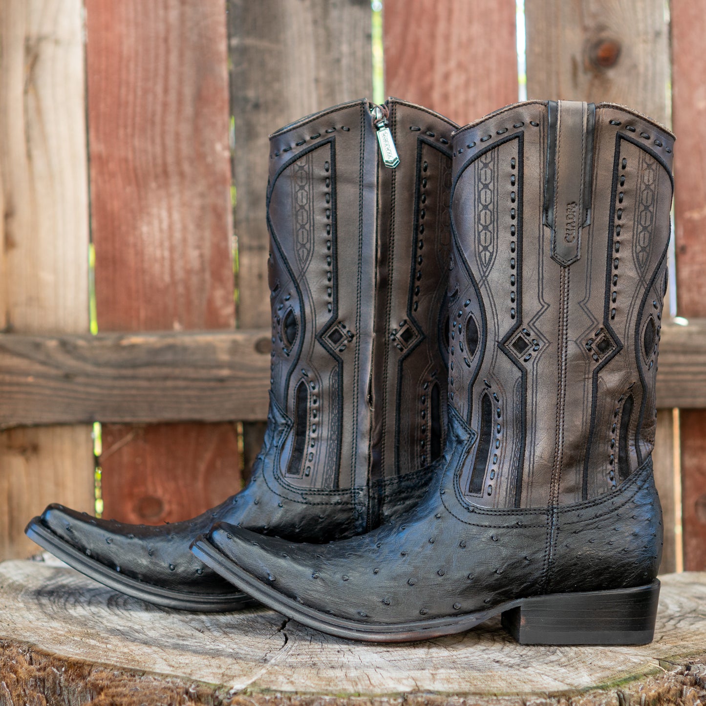 Cuadra Men's Ostrich Laser And Woven Zippered Narrow Square Toe Exotic Leather Cowboy Boots in Black