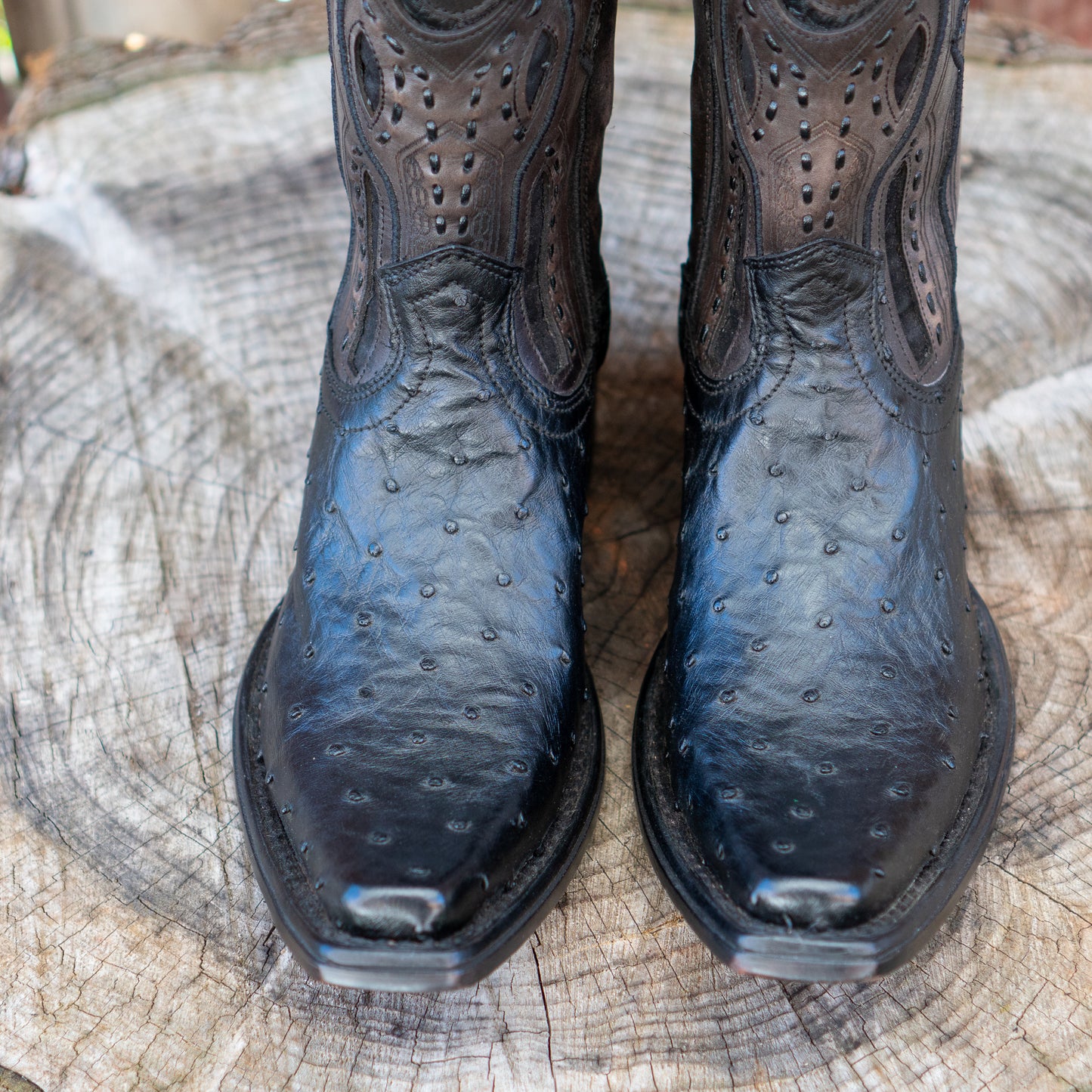 Cuadra Men's Ostrich Laser And Woven Zippered Narrow Square Toe Exotic Leather Cowboy Boots in Black