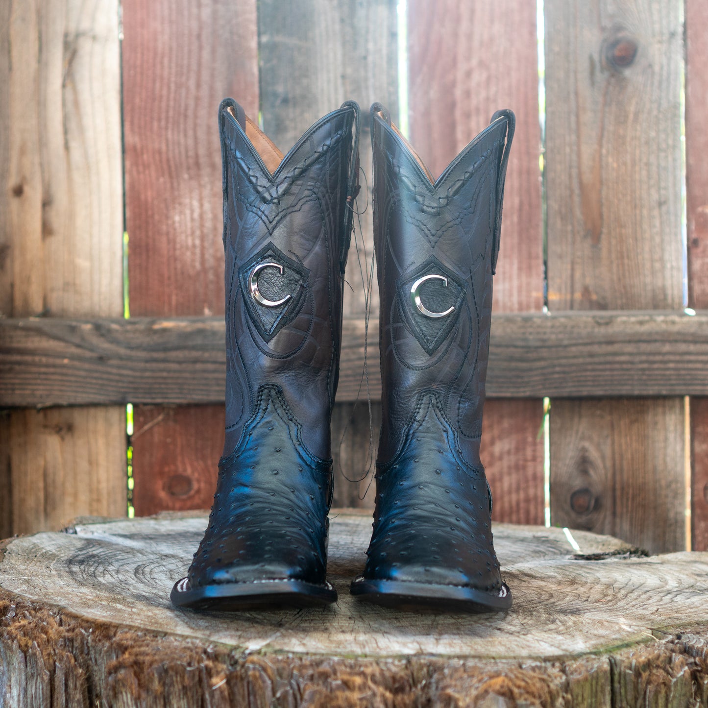 Cuadra Men's Ostrich Laser And Embroidery Square Toe Cowboy Boots in Black CU662