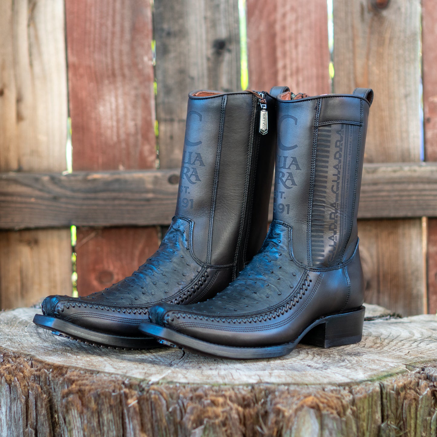 Cuadra Men's Ostrich Laser And Embroidery Narrow Square Toe Cowboy Boots in Black CU802