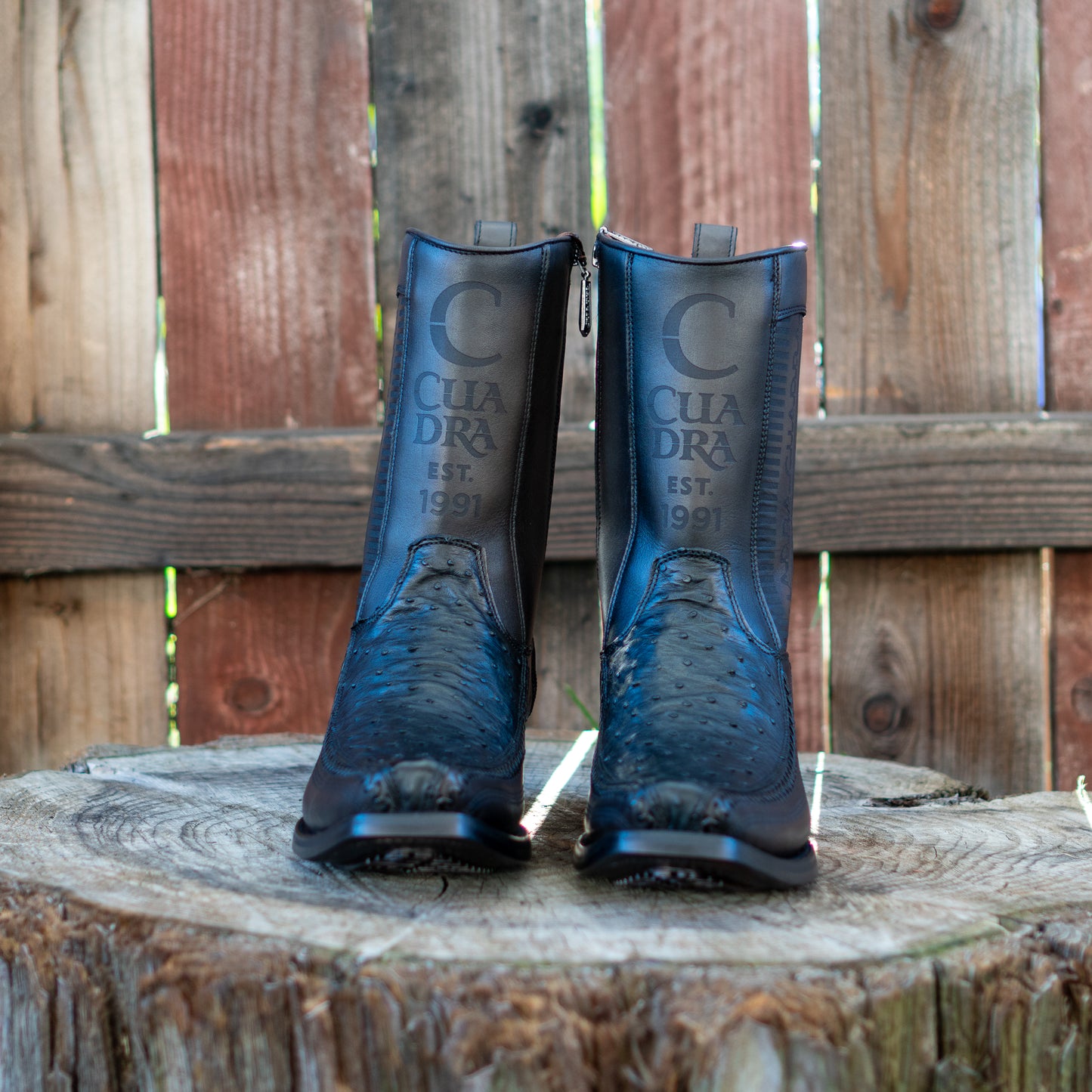 Cuadra Men's Ostrich Laser And Embroidery Narrow Square Toe Cowboy Boots in Black CU802
