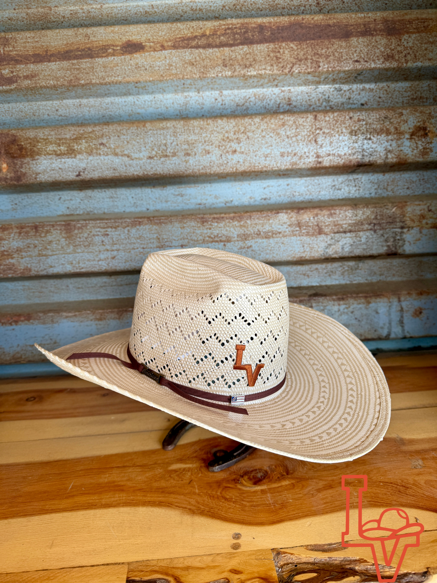 American Hat Company Straw Hat Regular Crown Waves Tan White
