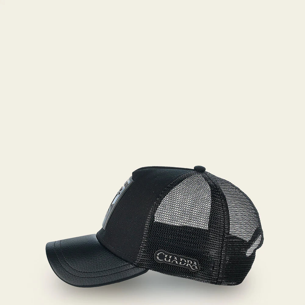 Cuadra Black Ostrich Metal Patch Leather Cap Snapback CC116