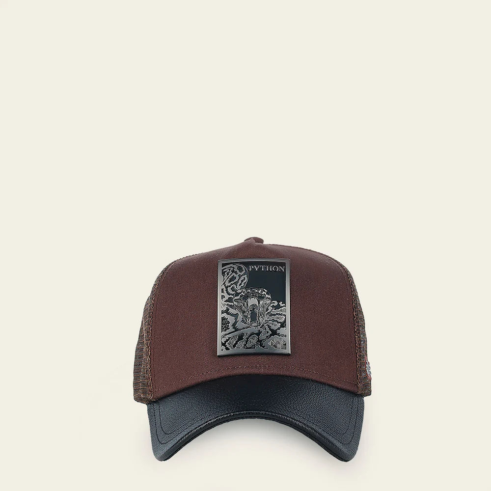 Cuadra Dark Brown Python Metal Patch Leather Cap Snapback CC118