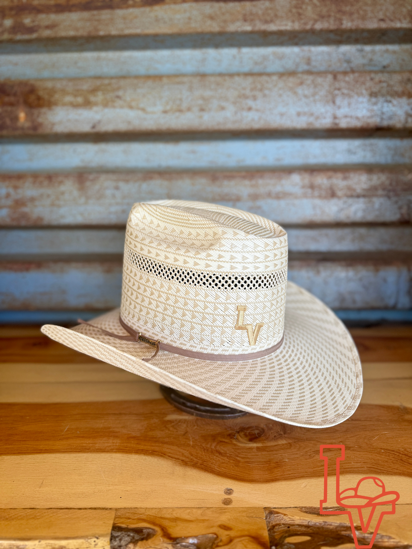 Los Vaqueros Straw Hat Tall Crown Disco Tan White