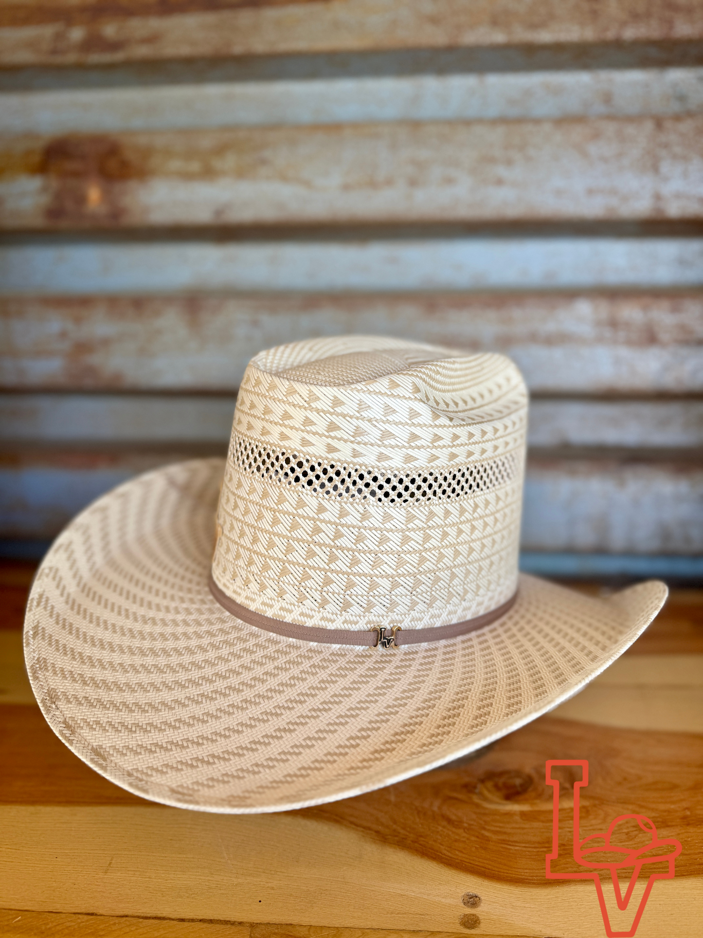 Los Vaqueros Straw Hat Tall Crown Disco Tan White
