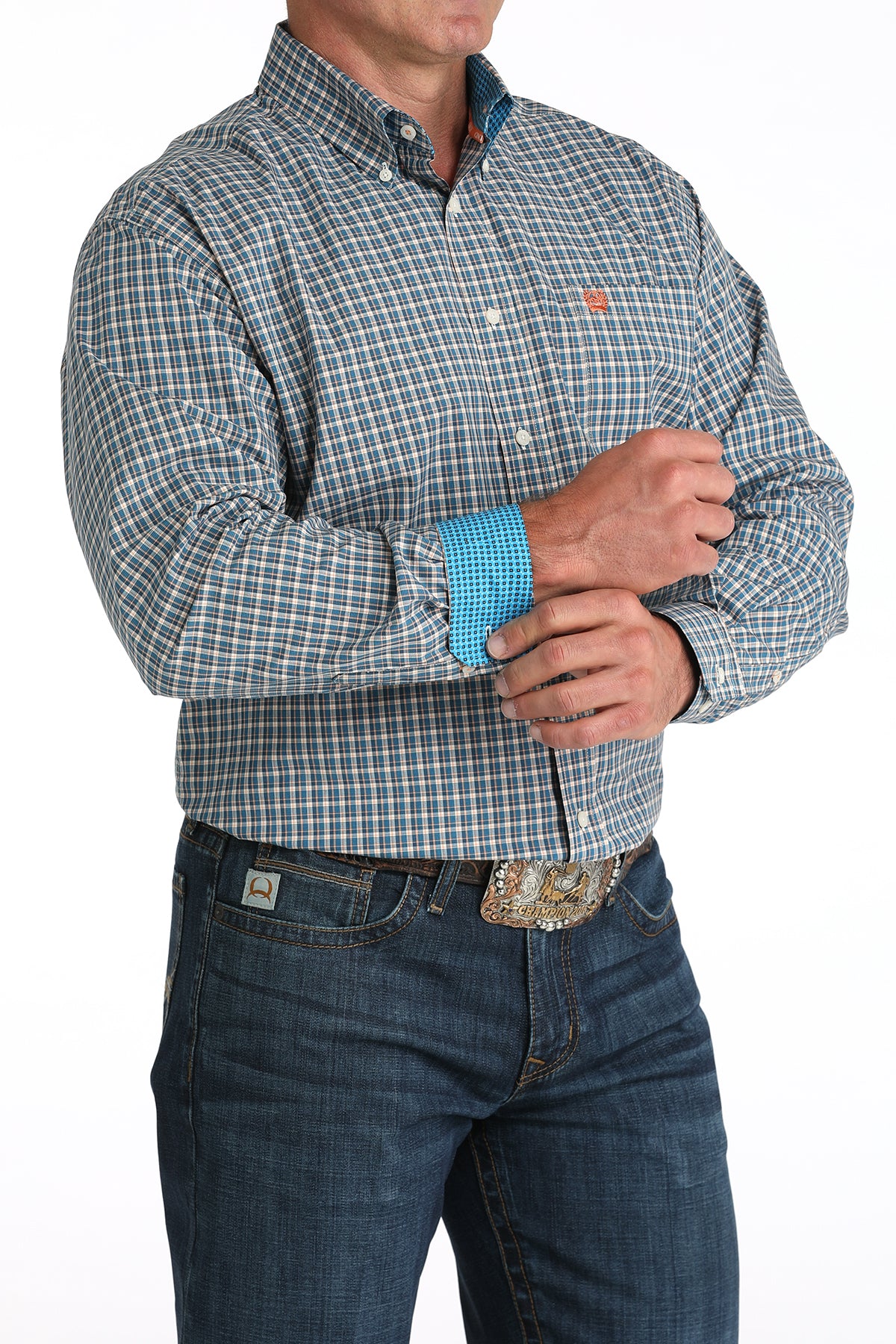 Cinch Men's Plaid Print Long Sleeve Shirt Blue