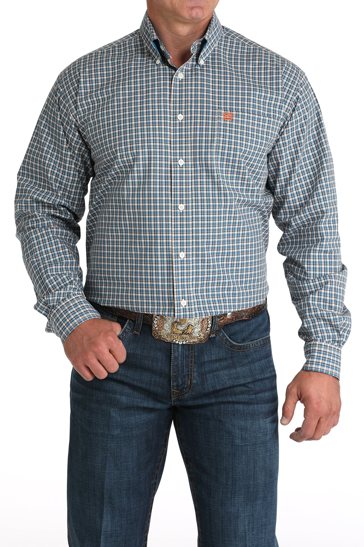 Cinch Men's Plaid Print Long Sleeve Shirt Blue