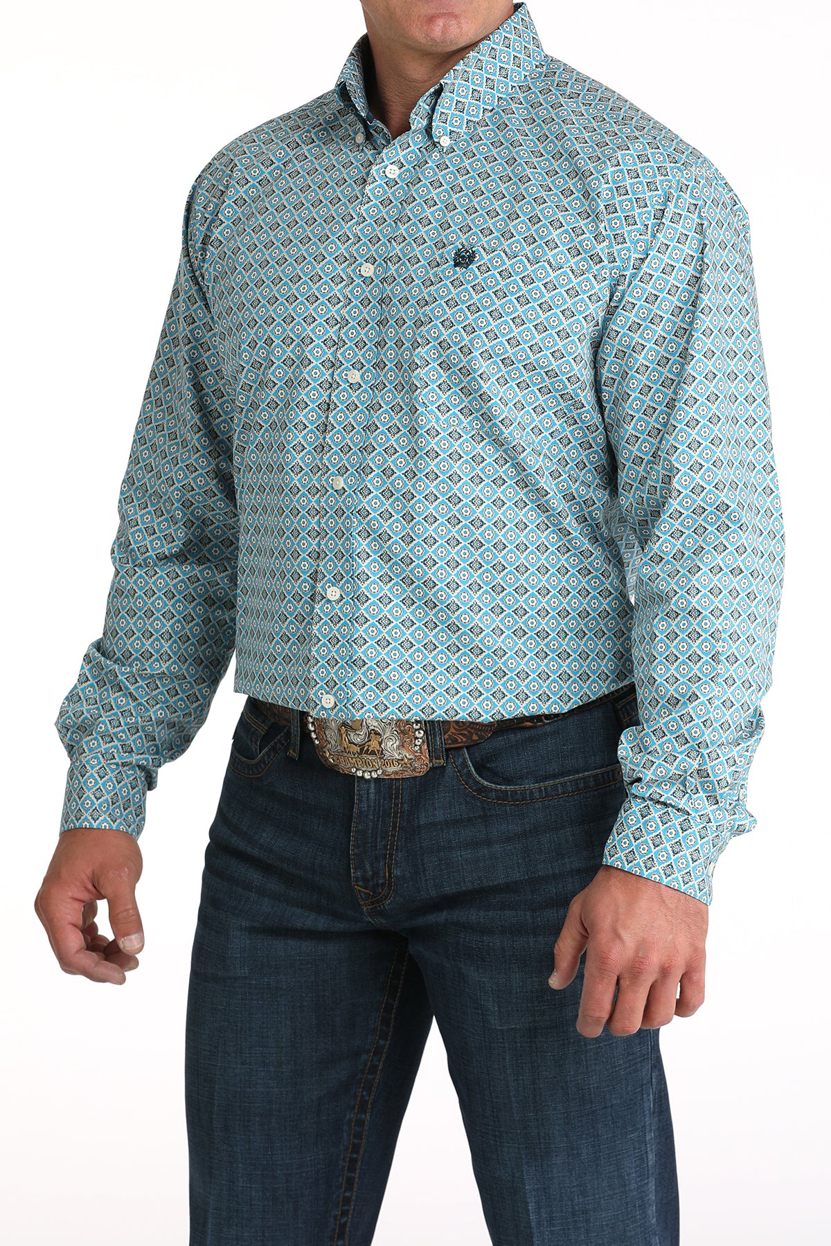 Cinch Men's Geometric Print Long Sleeve Shirt Blue