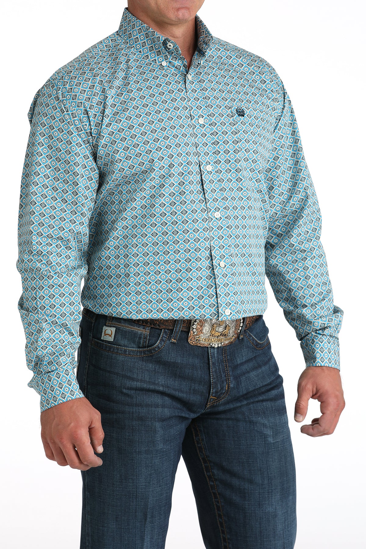 Cinch Men's Geometric Print Long Sleeve Shirt Blue