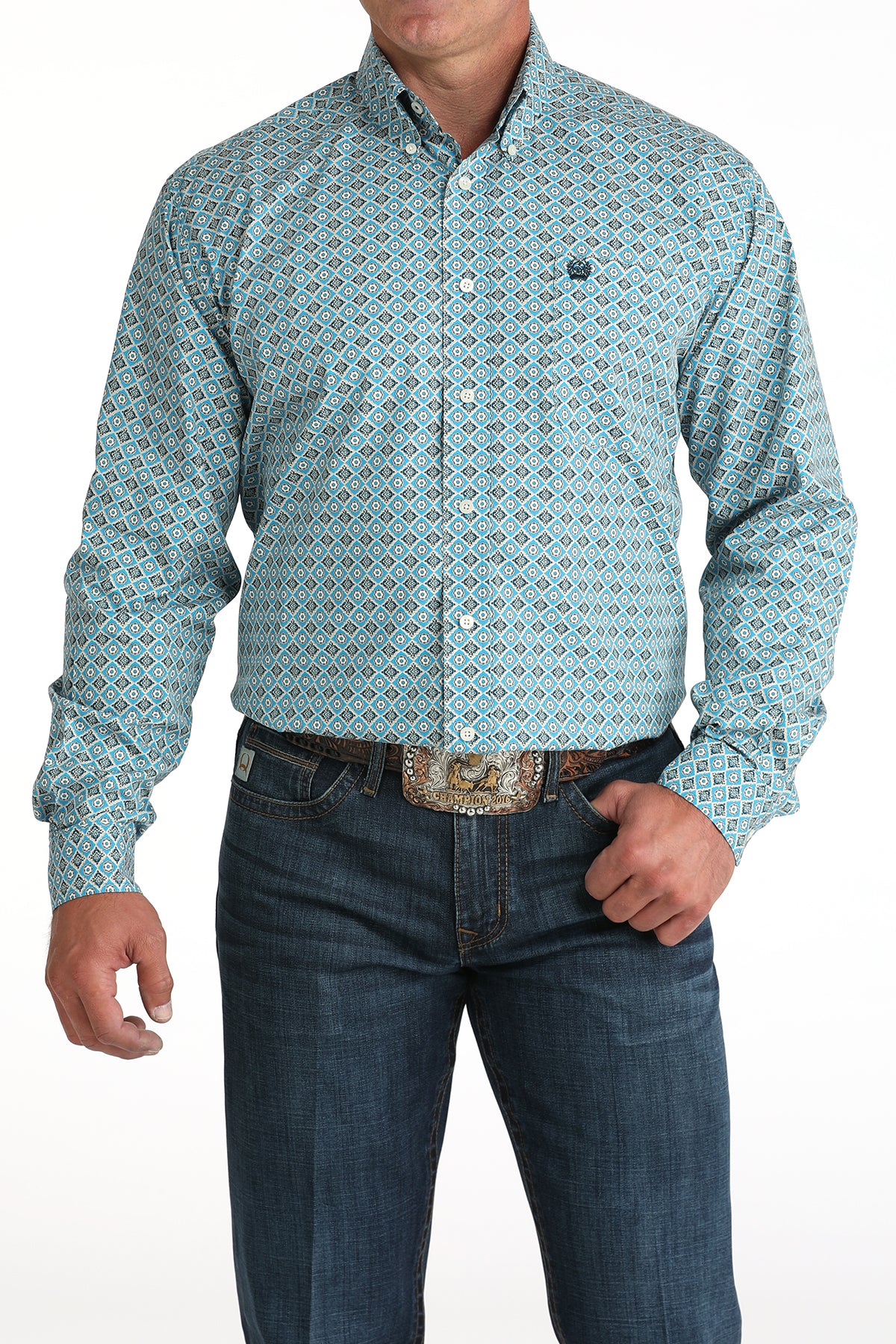 Cinch Men's Geometric Print Long Sleeve Shirt Blue