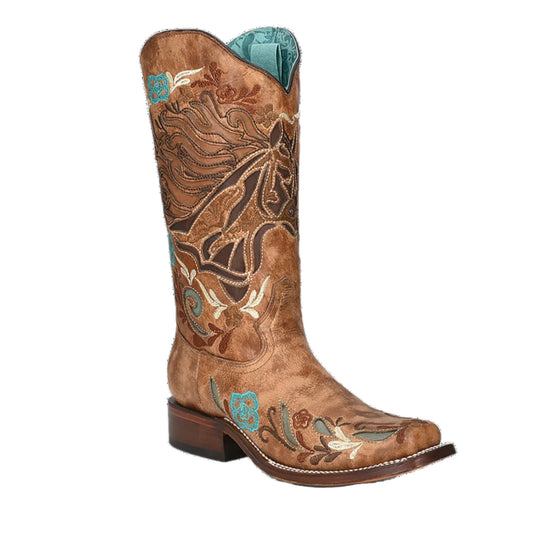 Corral Boots Ladies Horse Inlay And Multicolor Embroidery Western Boots Sand