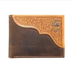 Nocona Bifold Style Mens Wallet Embossed Scroll Cross Concho Medium Brown