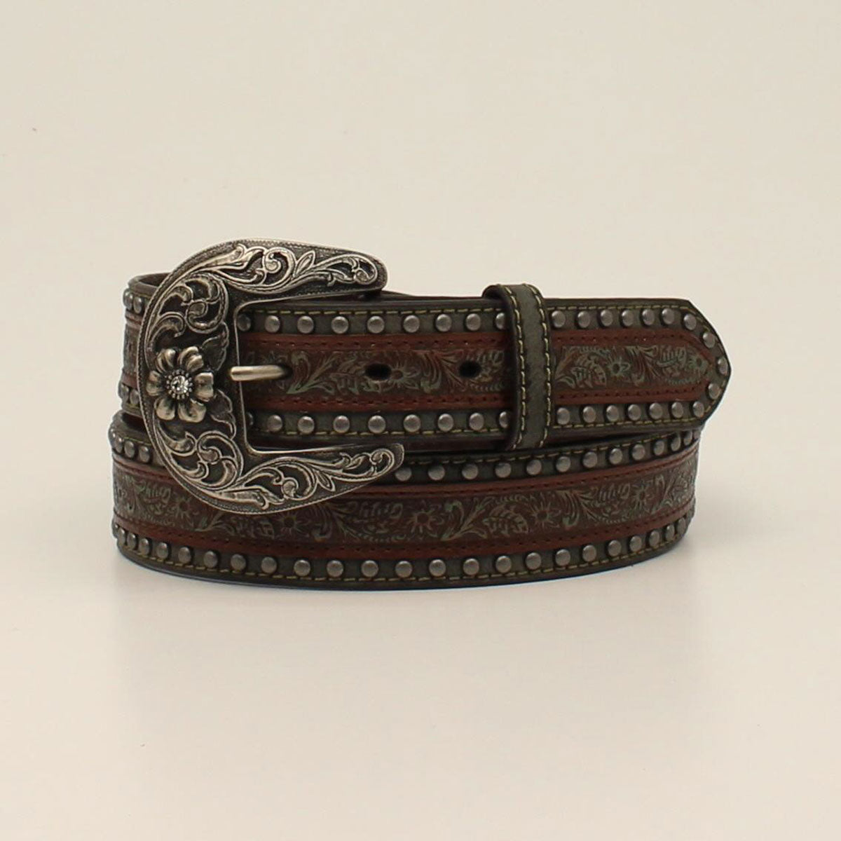 Nocona Ladies Belt 1 1/2 Embossed Overlay Studs Brown