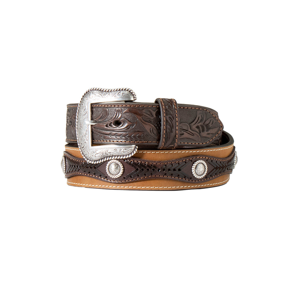 Nocona Mens Belt 1 1/2" Floral Embossed Tabs Lacing Brown
