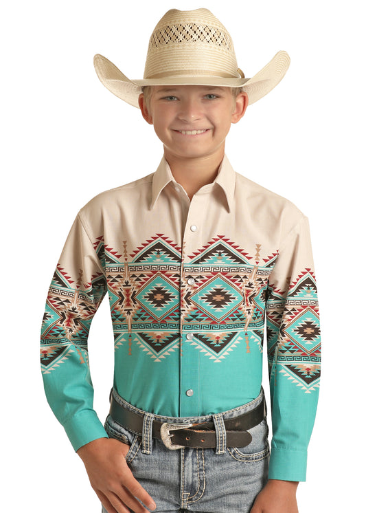 Rock & Roll Panhandle Boys Relaxed Fit Border Snap Shirt Peacock