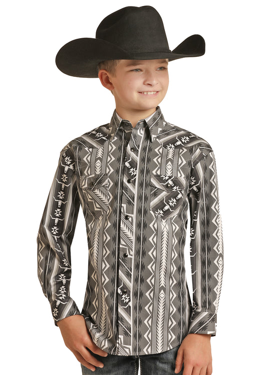 Rock & Roll Denim Boy's Aztec Stripe Print Stretch Snap Shirt Charcoal