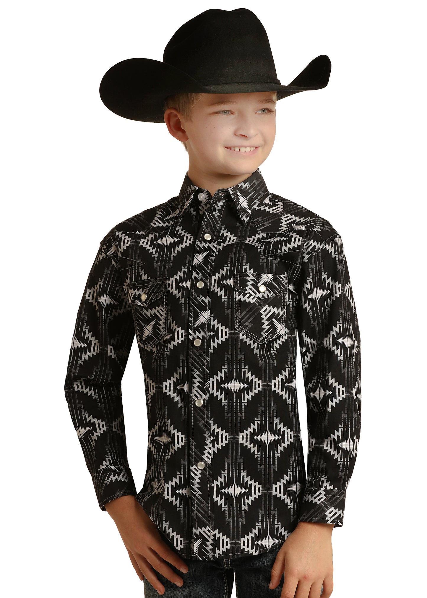 Rock & Roll Denim Boy's Long Sleeve Aztec Print Dale Brisby Snap Shirt Black