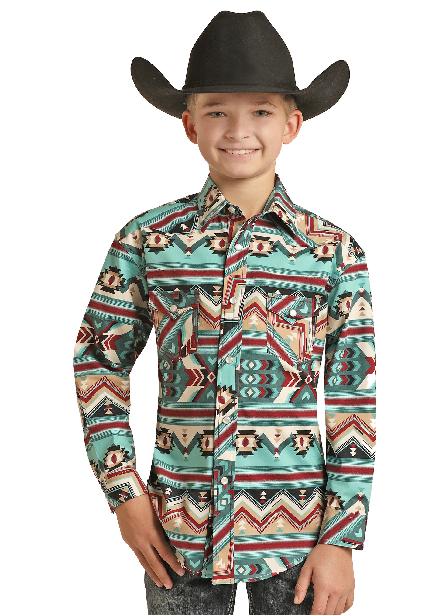 Rock & Roll Denim Boy's Aztec Print Stretch Snap Shirt Burgundy